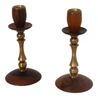 Pair of Scandinavian teak and brass candle holders