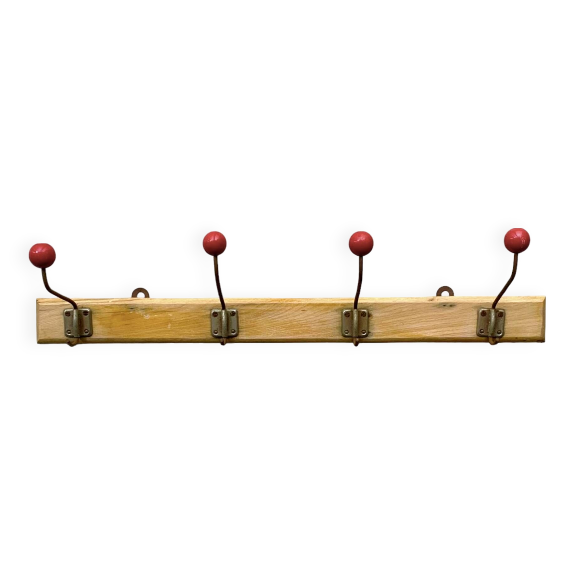 Vintage wooden wall coat rack - 4 red ball coat hooks