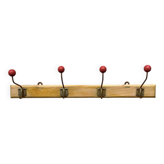 Vintage wooden wall coat rack - 4 red ball coat hooks