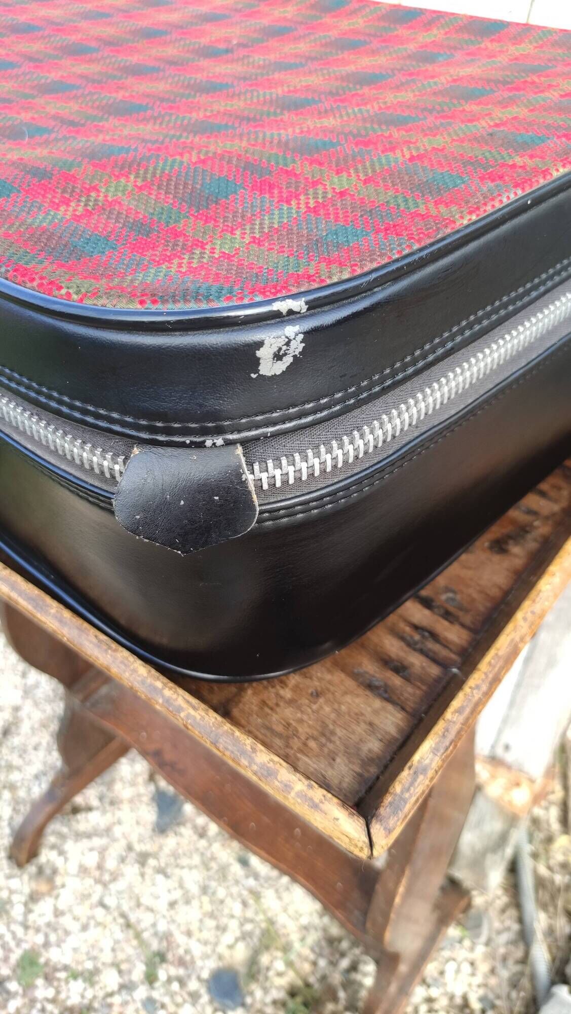 Vintage suitcase in red and skai Scottish fabric