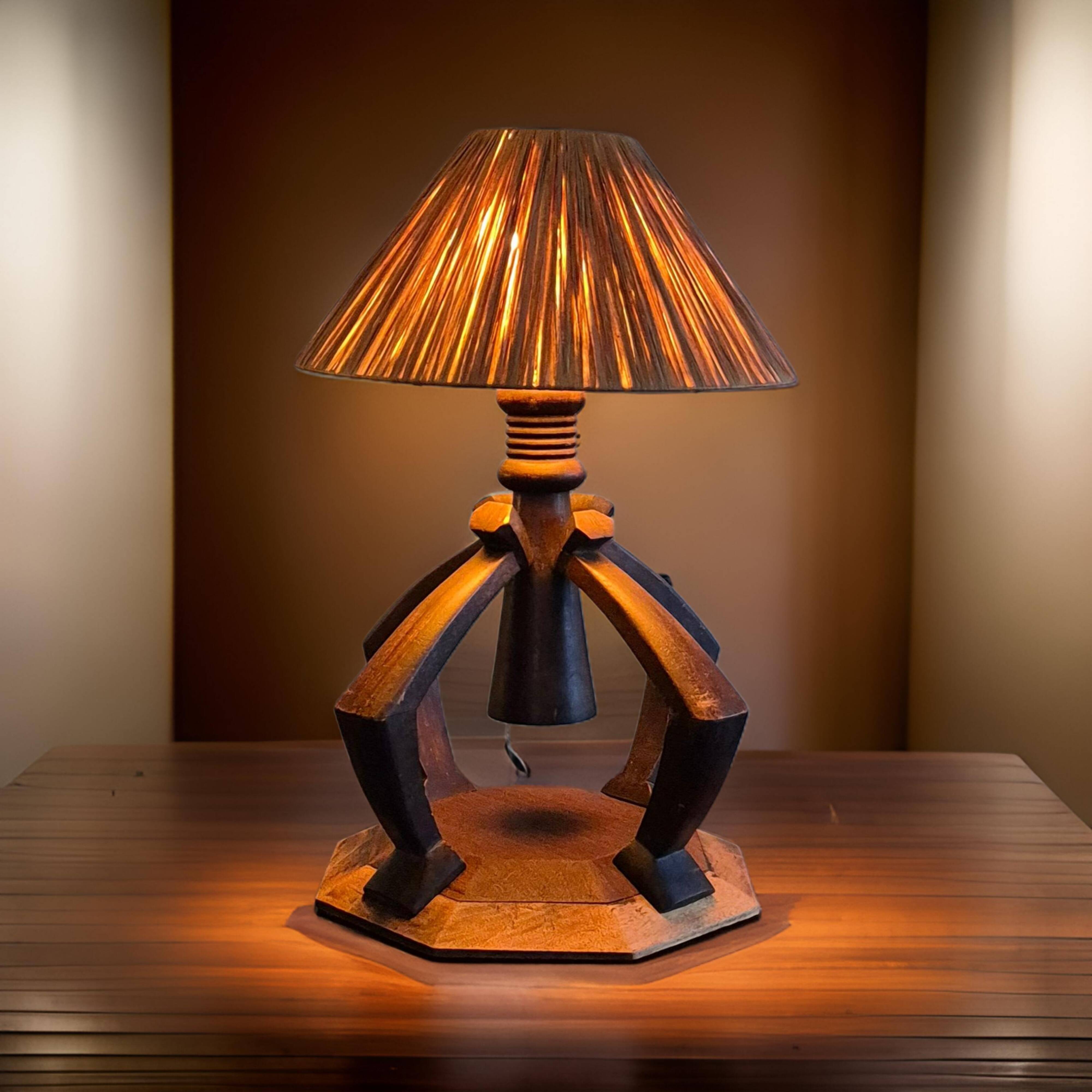 Hand crafted Wabi Wabi table lamp with raffia shade, Netherlands 1930s