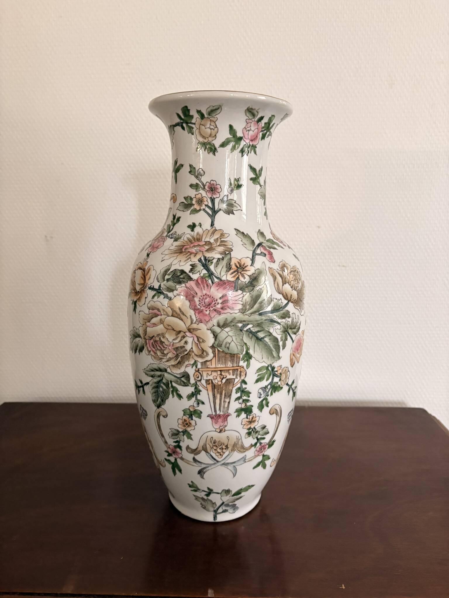 White Porcelain Vase Flowers China Famille Rose Peony Lotus Qianlong