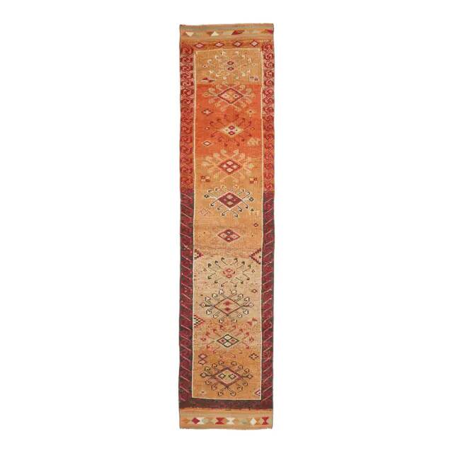 Tapis coureur vintage en laine et coton turc noué à la main orange 82x382