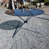 Round chrome metal table with smoked glass top from the 70s