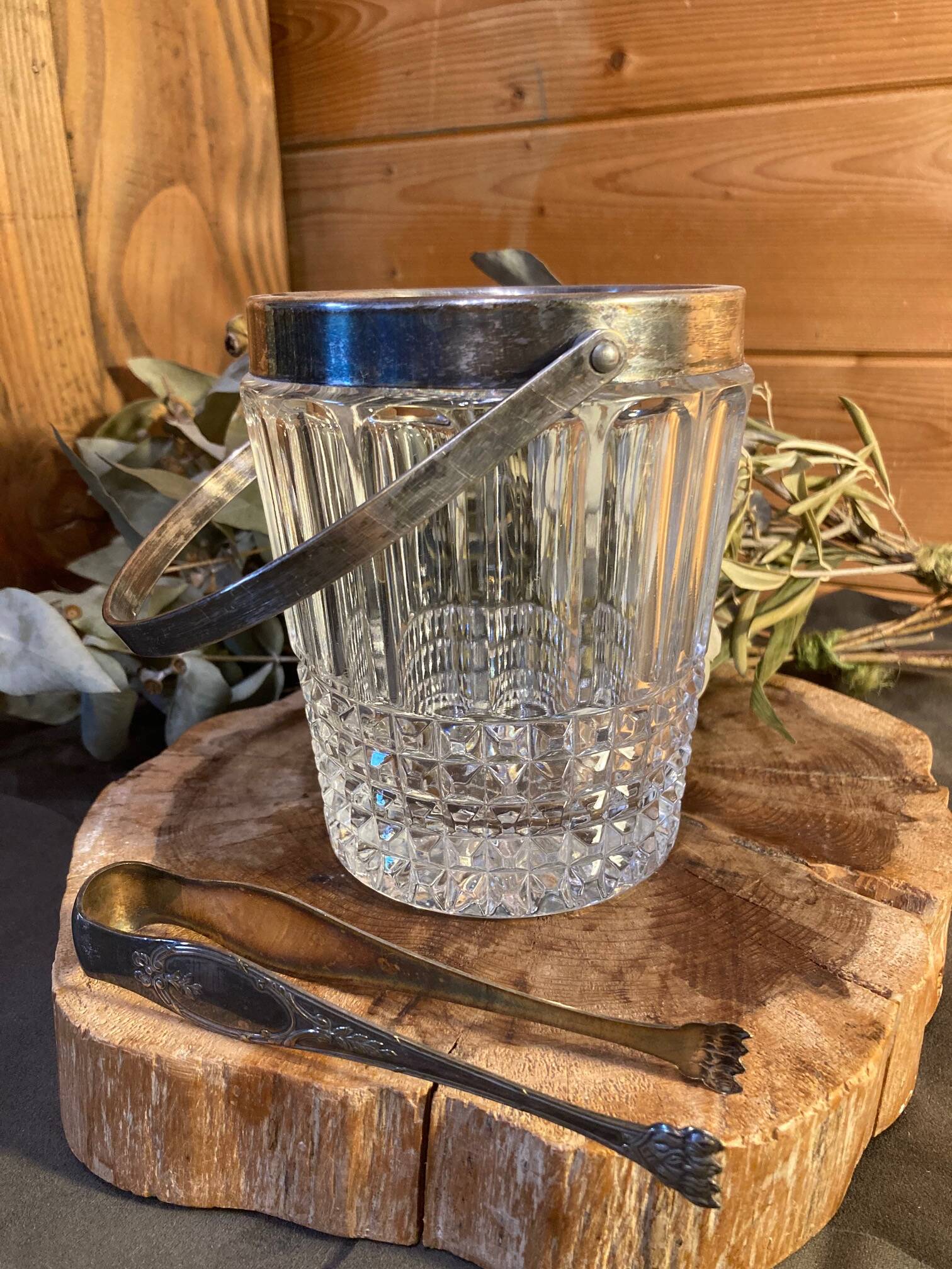 Crystal and silver-plated metal ice bucket + wine tableware tongs