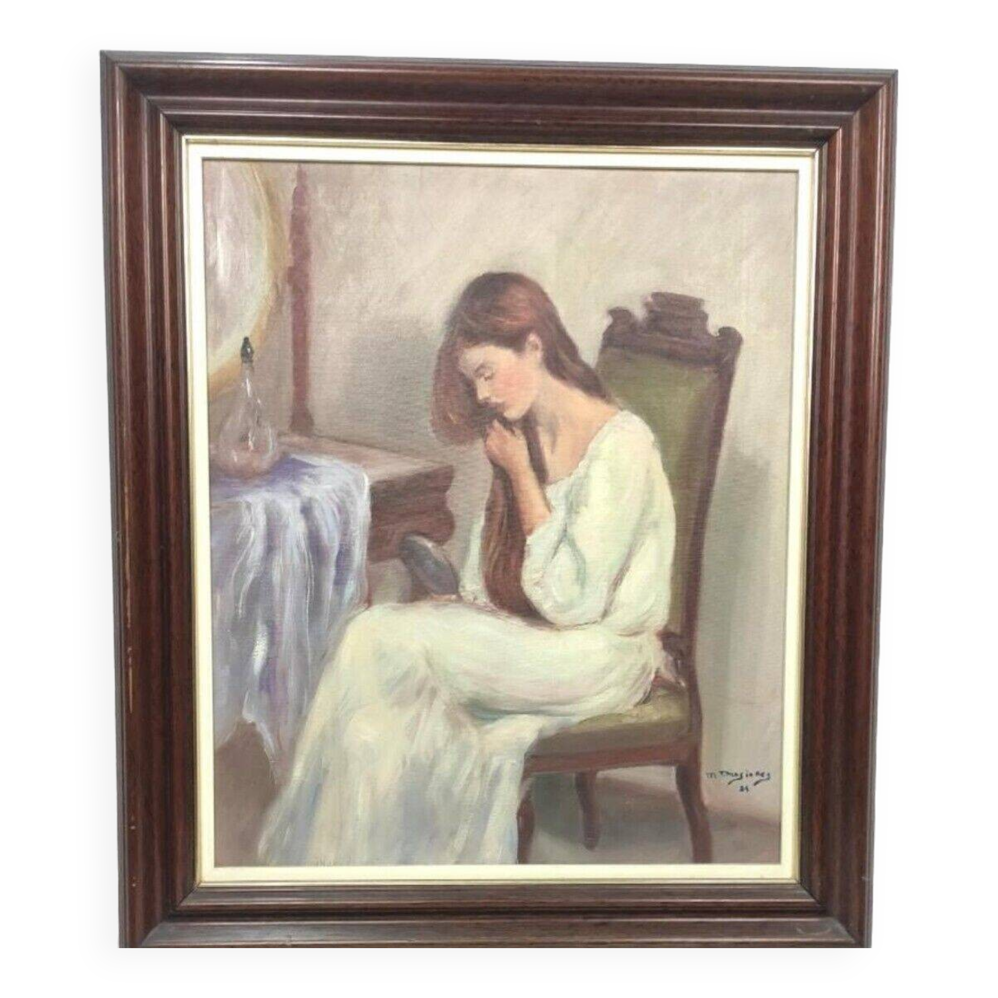 Jeune fille se peignant les cheveux 1984 signé, Portrait