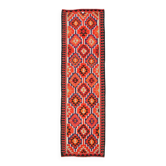 Tapis coureur tribal kilim vintage orange et bleu, 95x320 cm