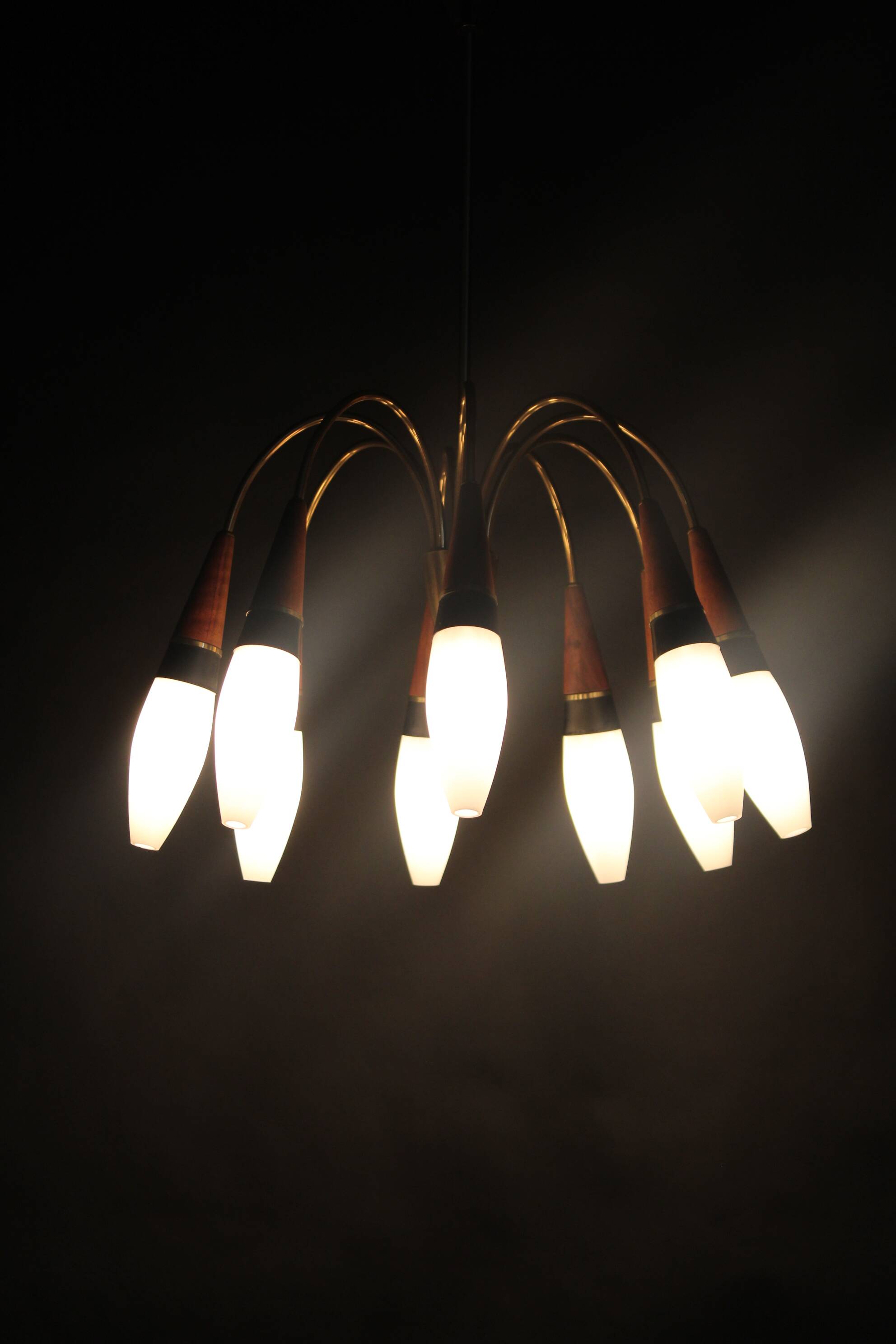 1960s Rupert Nikoll Brass and Teak Opaline Glass Chandelier ,Austria