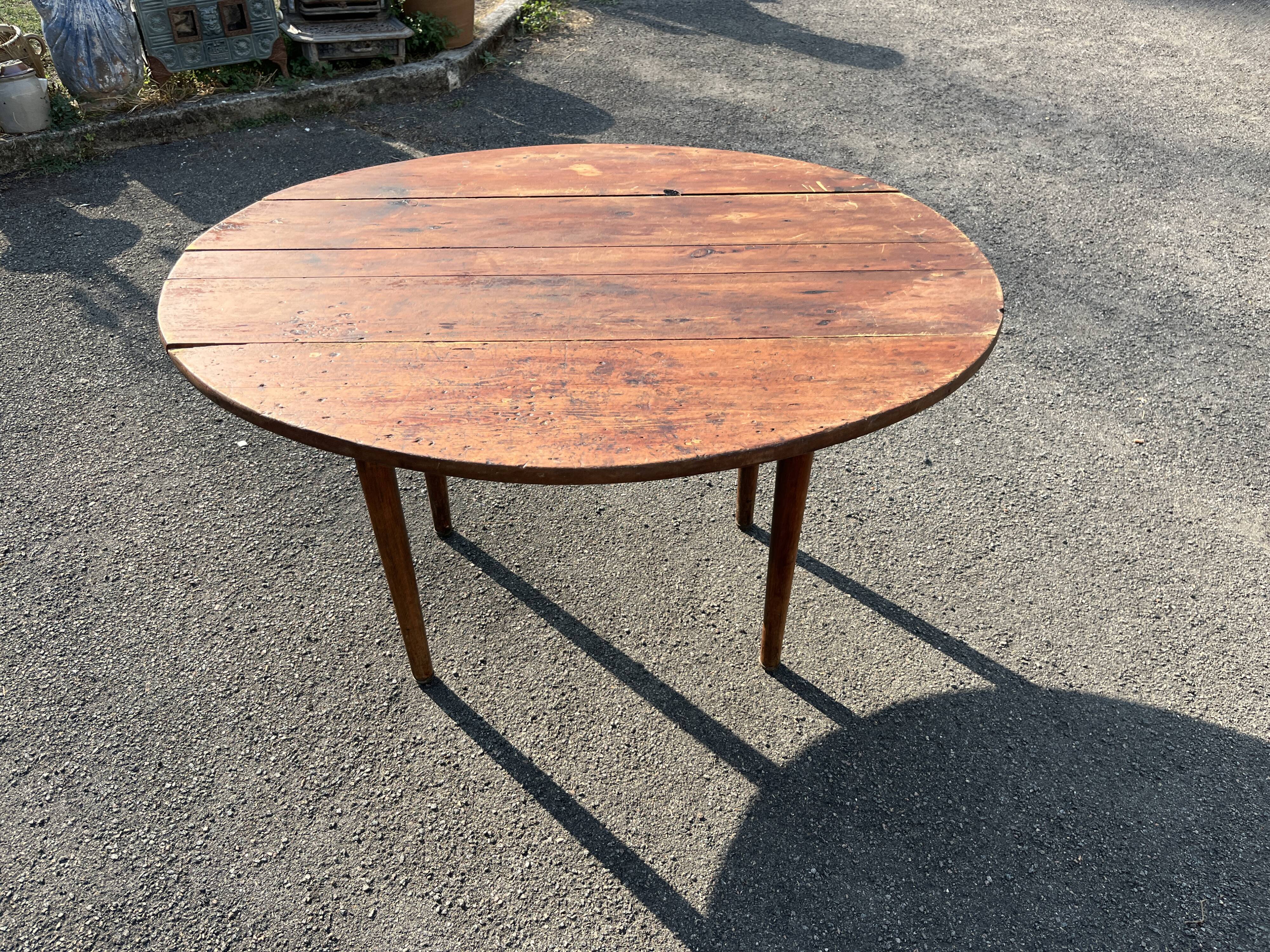 Antique rustic round wooden table 121cm, straight base