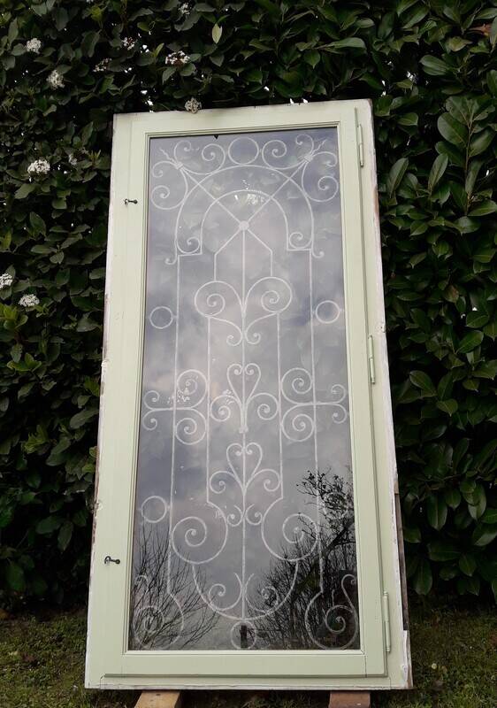 Window frame 179x88cm walnut oak wrought iron grille opening glass panel