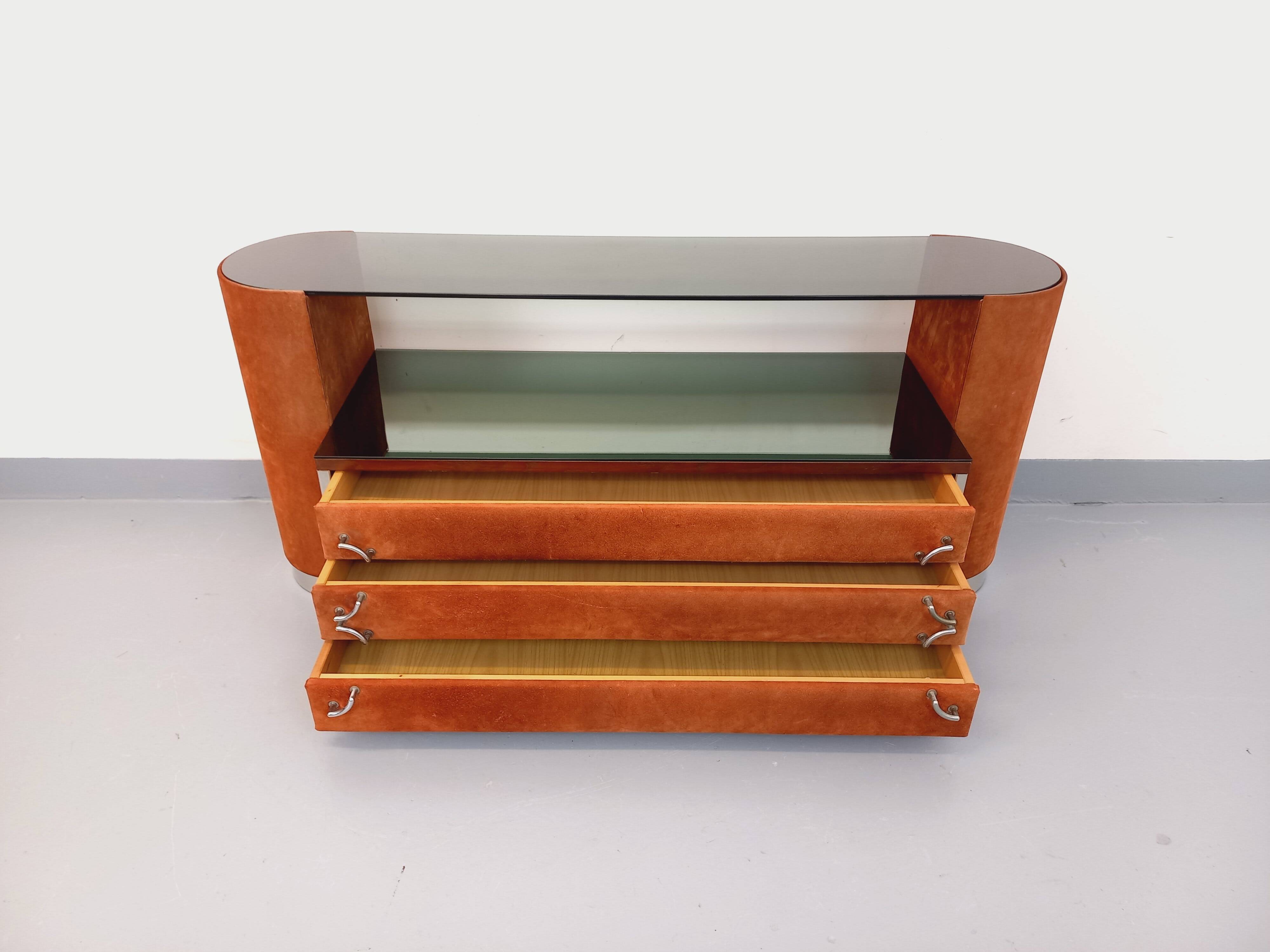 Vintage Italian hairdresser design in suede velvet, chrome, smoked glass and