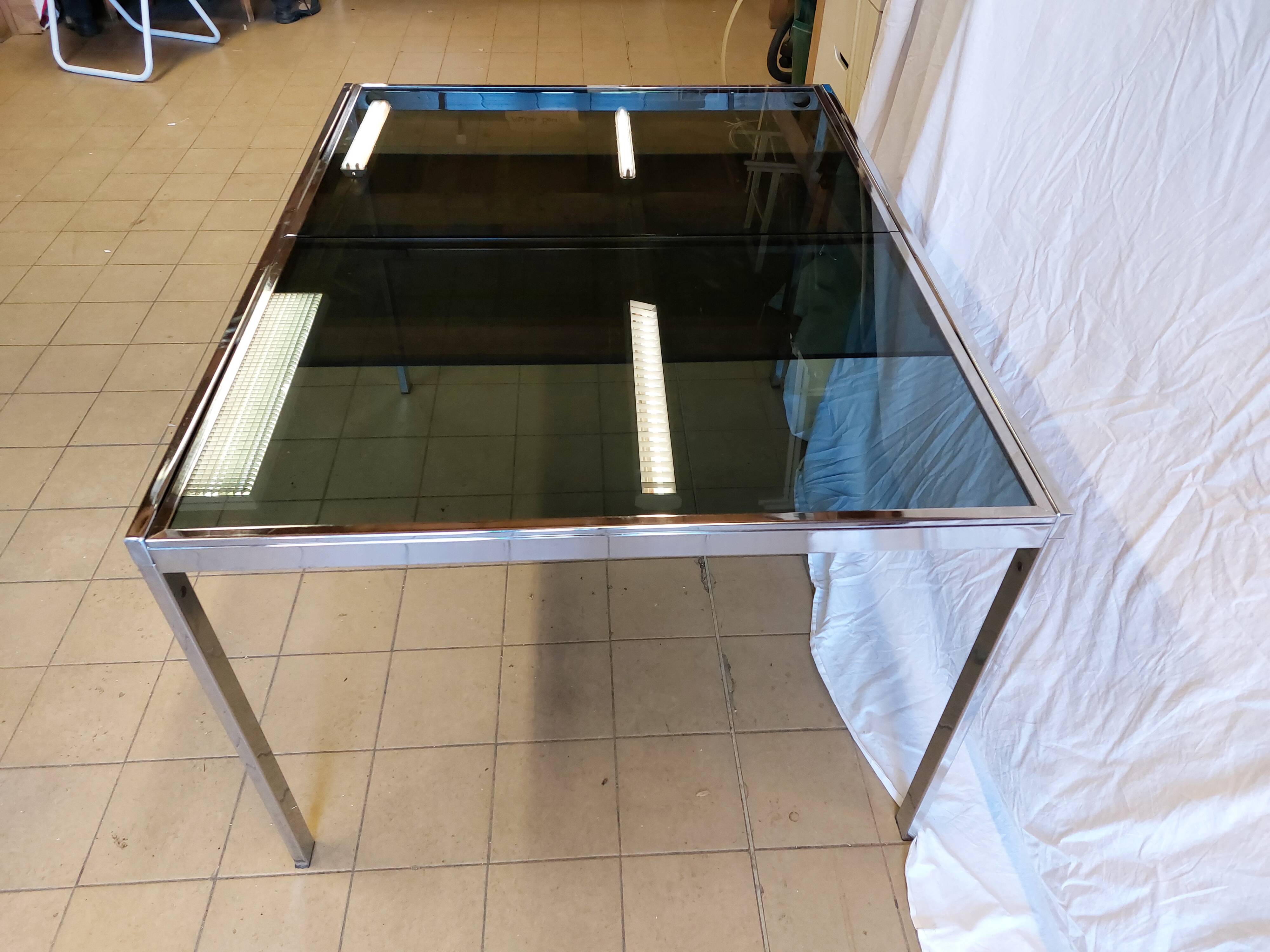 Table vintage extensible verre teinté et chrome Milo Baughman - Années 70
