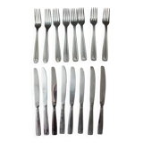 Mismatched set of 8 forks + 8 vintage shell stainless steel knives