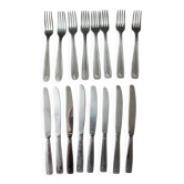 Mismatched set of 8 forks + 8 vintage shell stainless steel knives