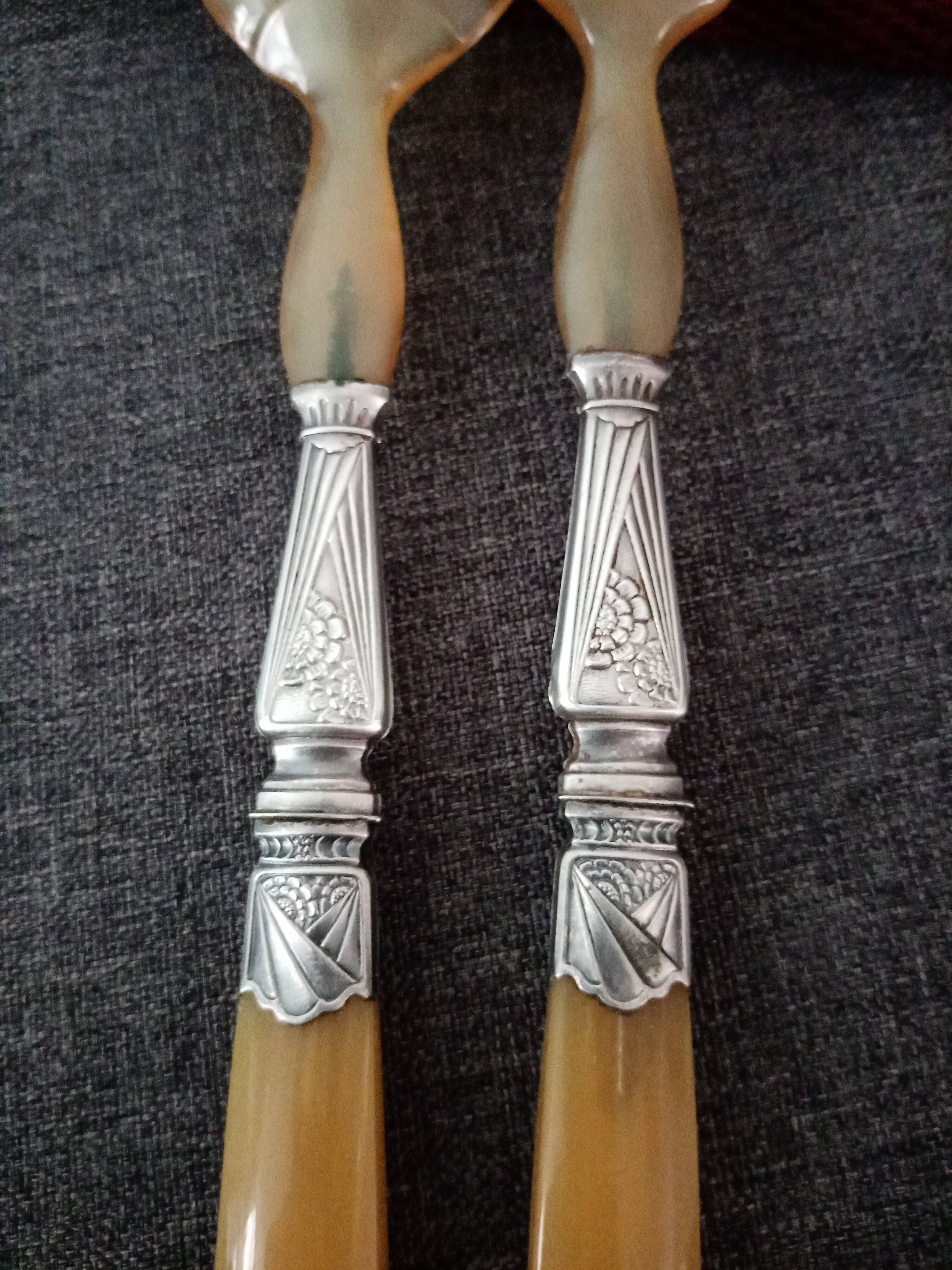 Art deco salad cutlery, silver virole horn sleeve