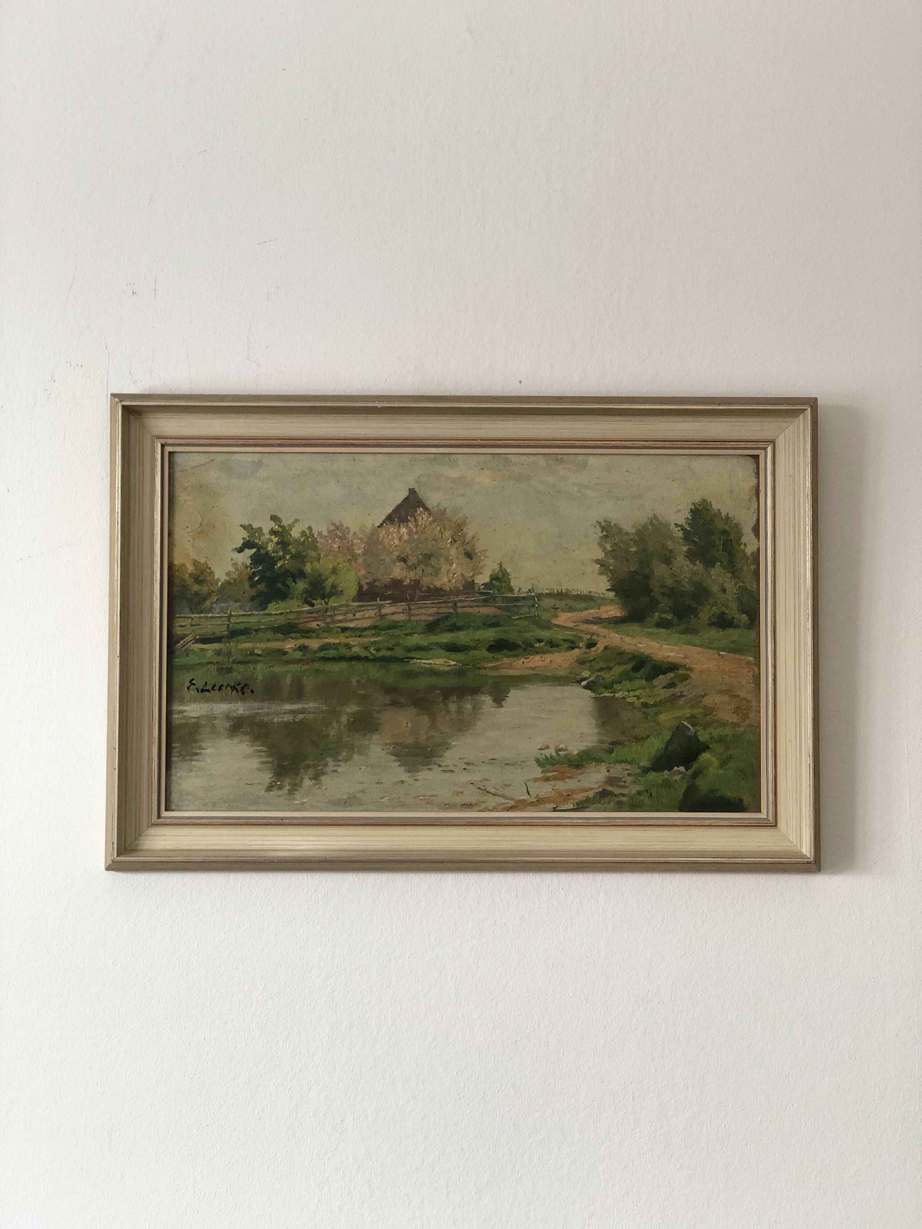 Vintage Original Landscape Oil Painting: Countryside Cottage Art