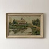 Vintage Original Landscape Oil Painting: Countryside Cottage Art