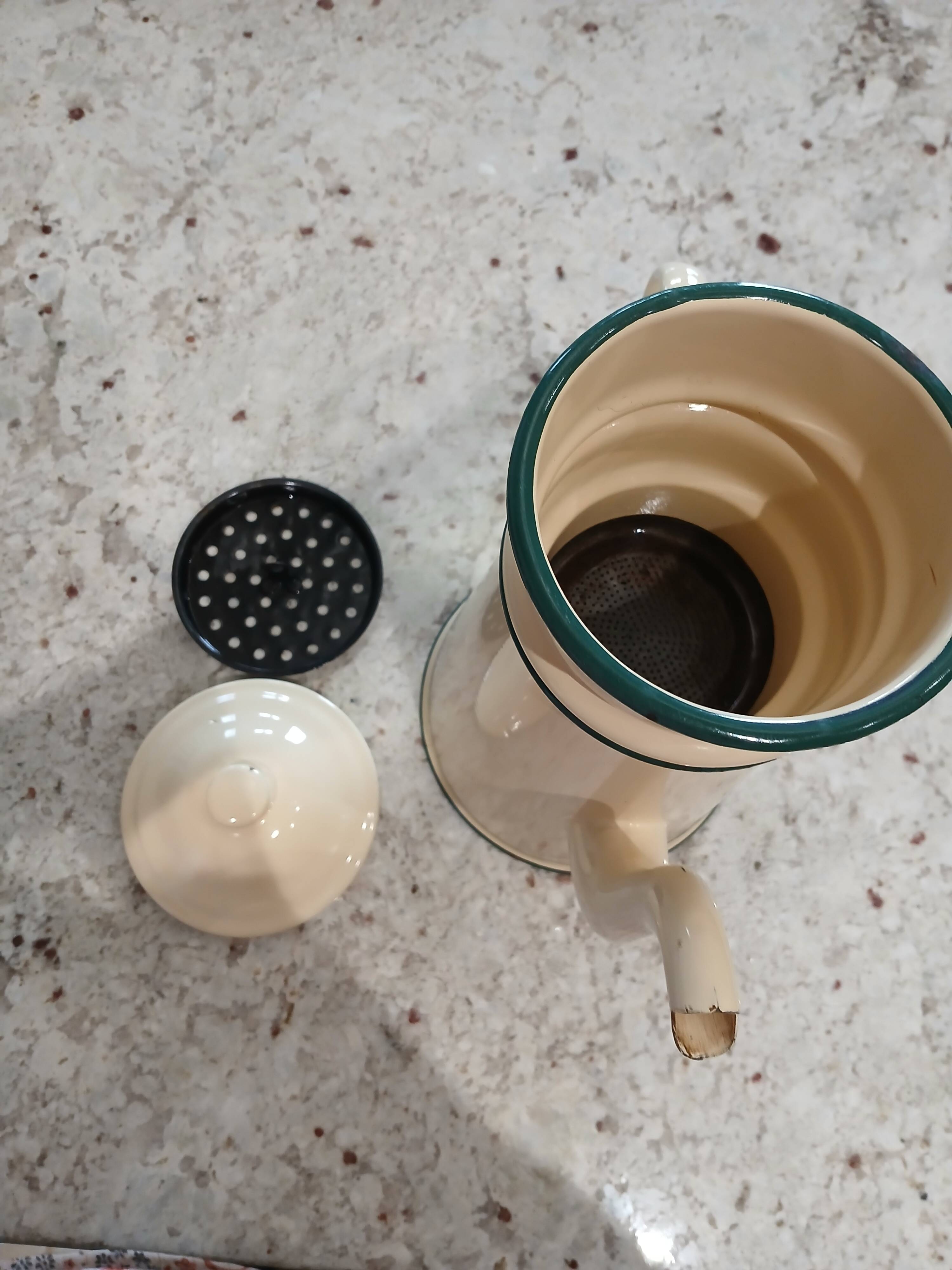 Vintage enamel coffee pot from the 1950s.