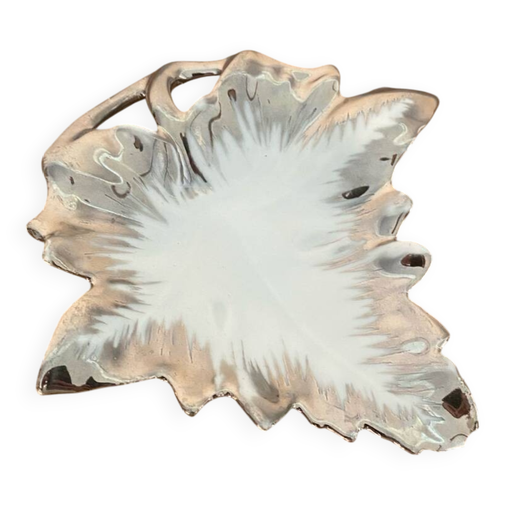 Antique limoges porcelain butter dish leaf shape white & chrome vintage