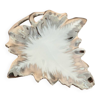Antique limoges porcelain butter dish leaf shape white & chrome vintage
