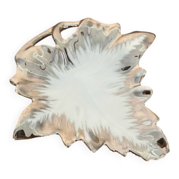Antique limoges porcelain butter dish leaf shape white & chrome vintage