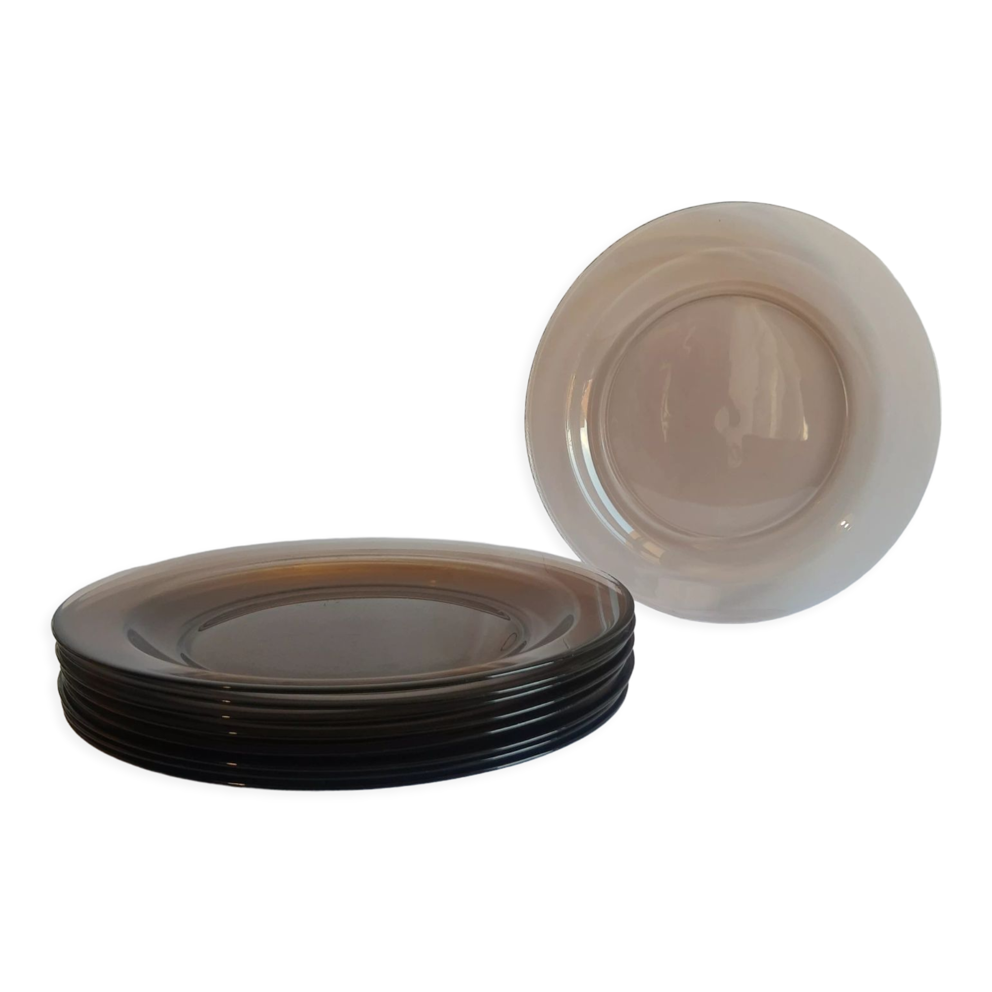 Set of 9 flat plates in smoked glass Arcoroc France 70s vintage