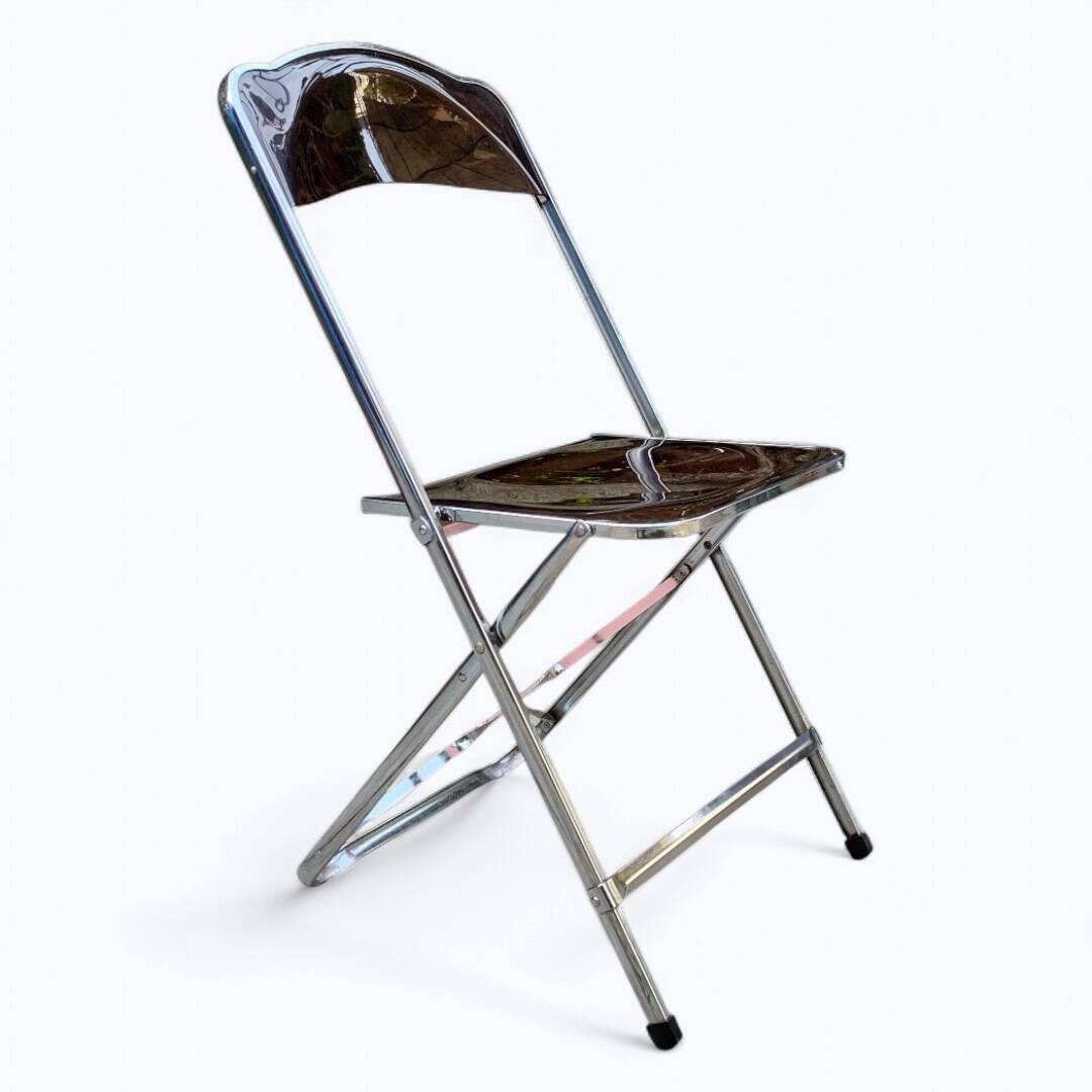 6 chaises pliantes en Plexiglas fumé et métal chrome Chaisor 1970