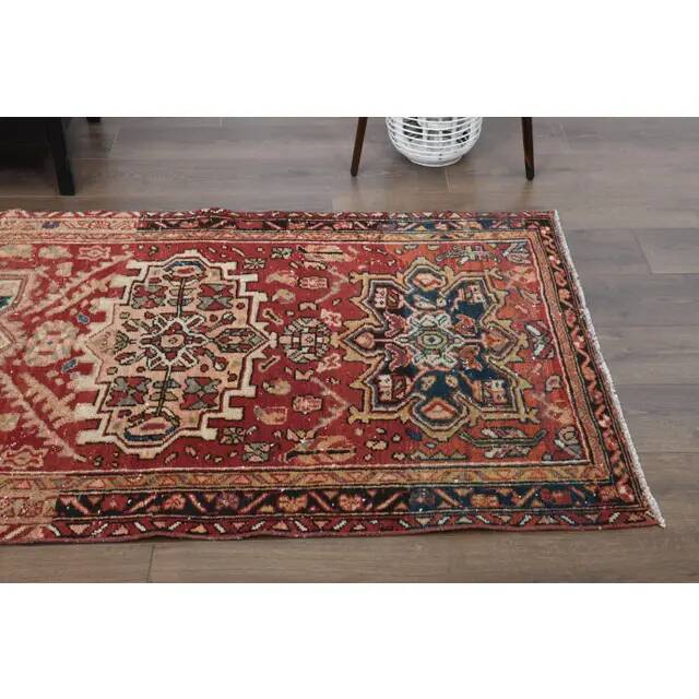 1970s Vintage Turkish Oushak Handmade Wool Cotton Red Runner Rug 101x305