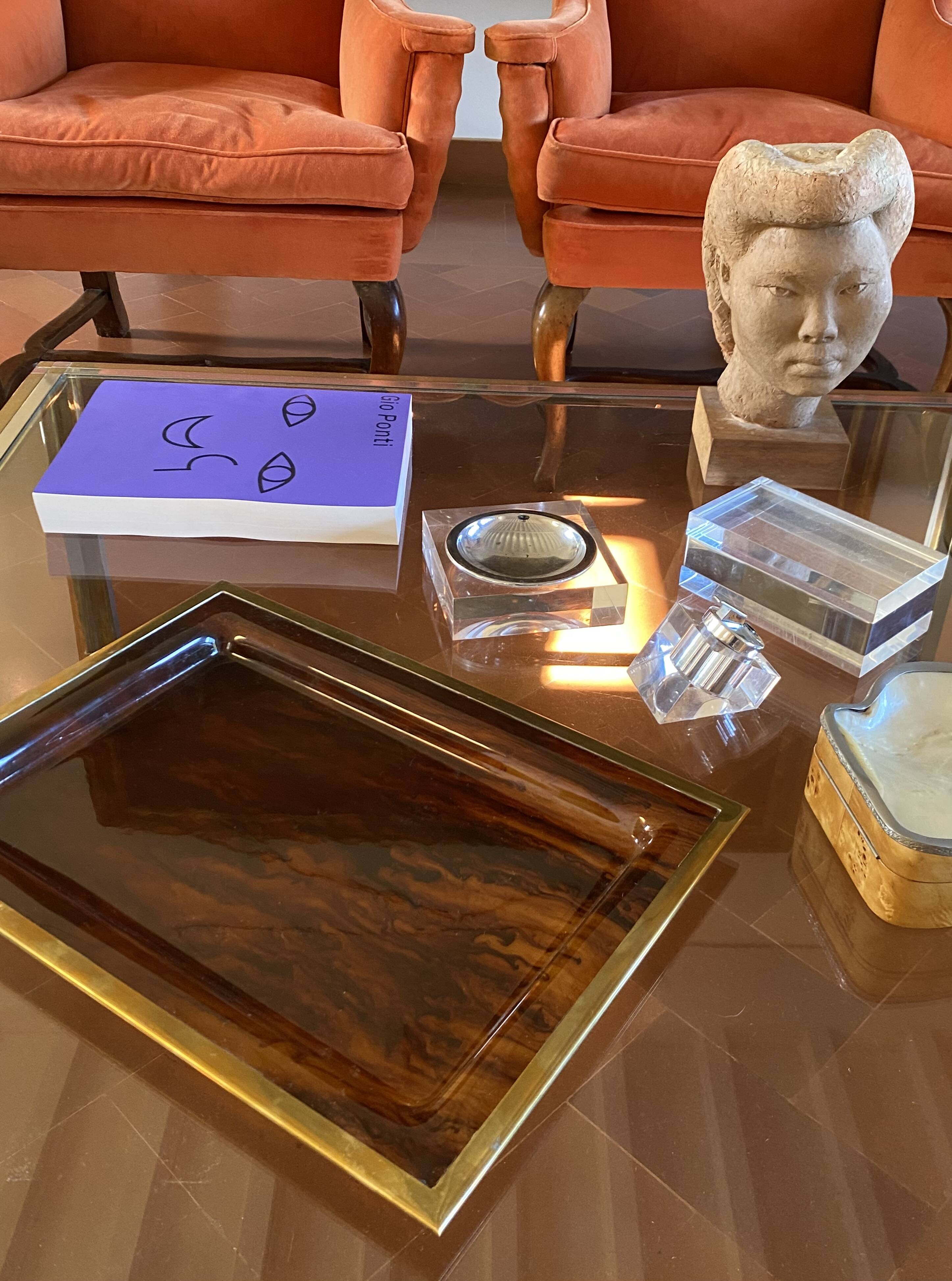 Plateau Hollywood Regency en laiton et en écaille de tortue, Italie, années 1970