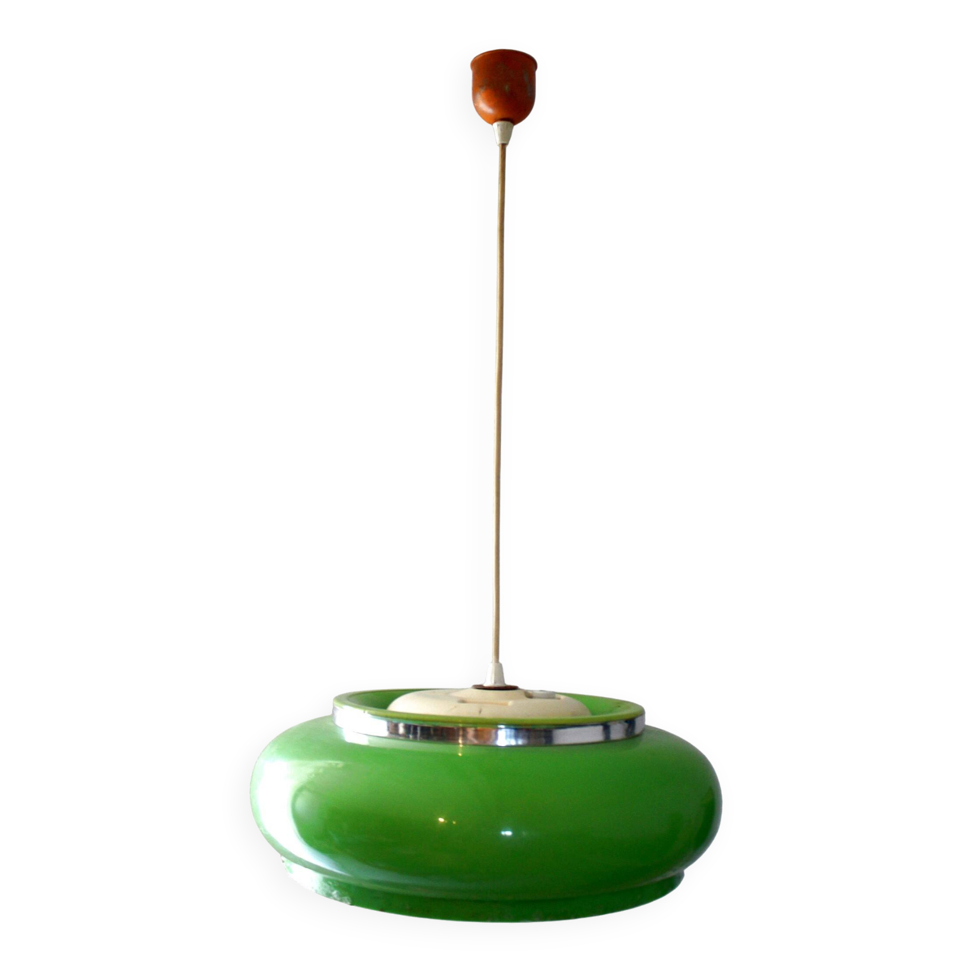 Vintage space age green saucer pendant light from the 1970s