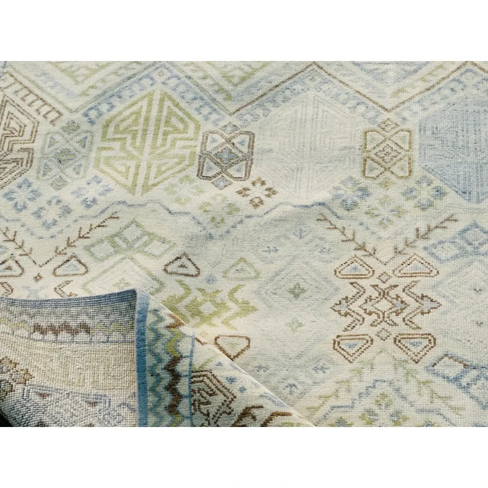 Decorative Oushak Wool Area Rug with Geometric Design. Hand-knotted Beige Carpet