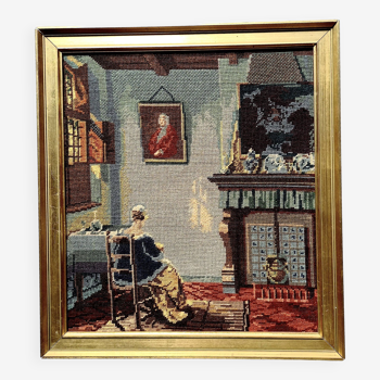 Vermeer style framed wall tapestry