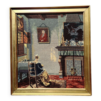 Vermeer style framed wall tapestry