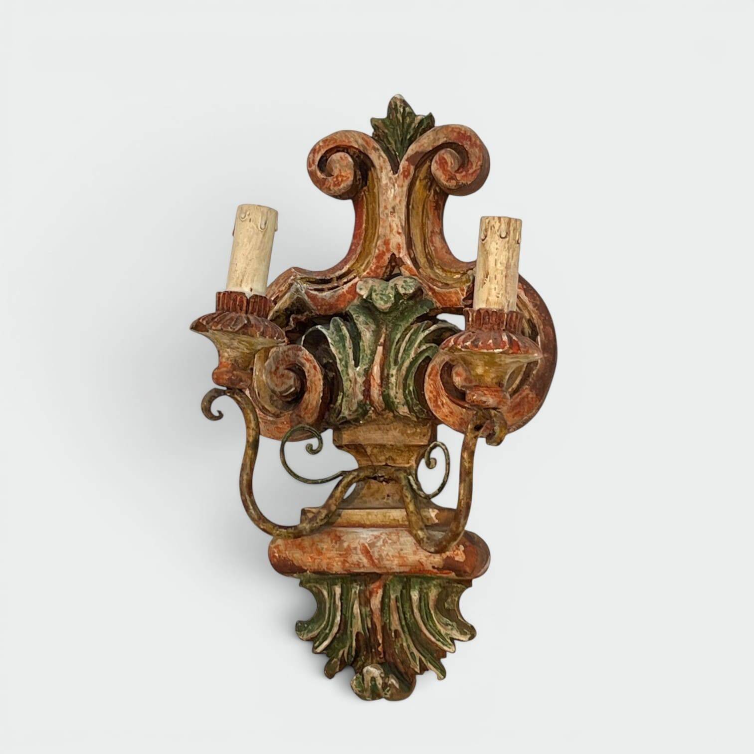 Pair of Polychrome Carved Wood Wall Lights with Vase and Acanthus. Arm in Iron.