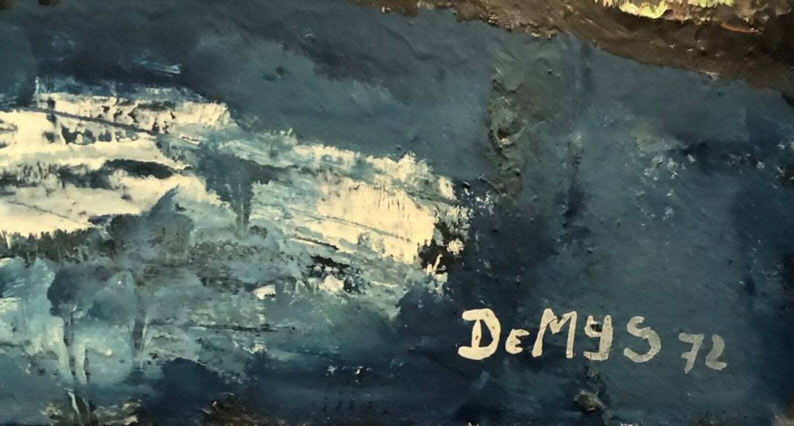 1970s Signed French Abstract Cityscape Oil on Canvas – Demys