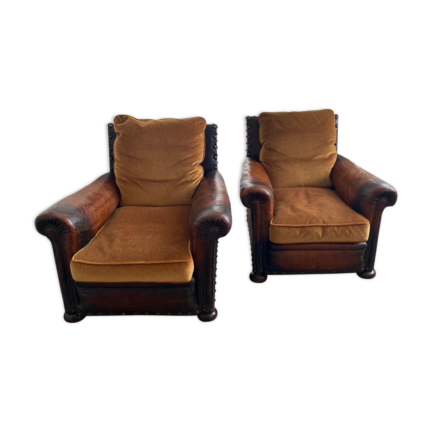 Pair of english leather club armchairs 1930 30 art deco