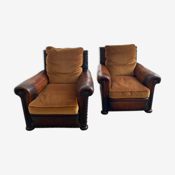 Pair of english leather club armchairs 1930 30 art deco