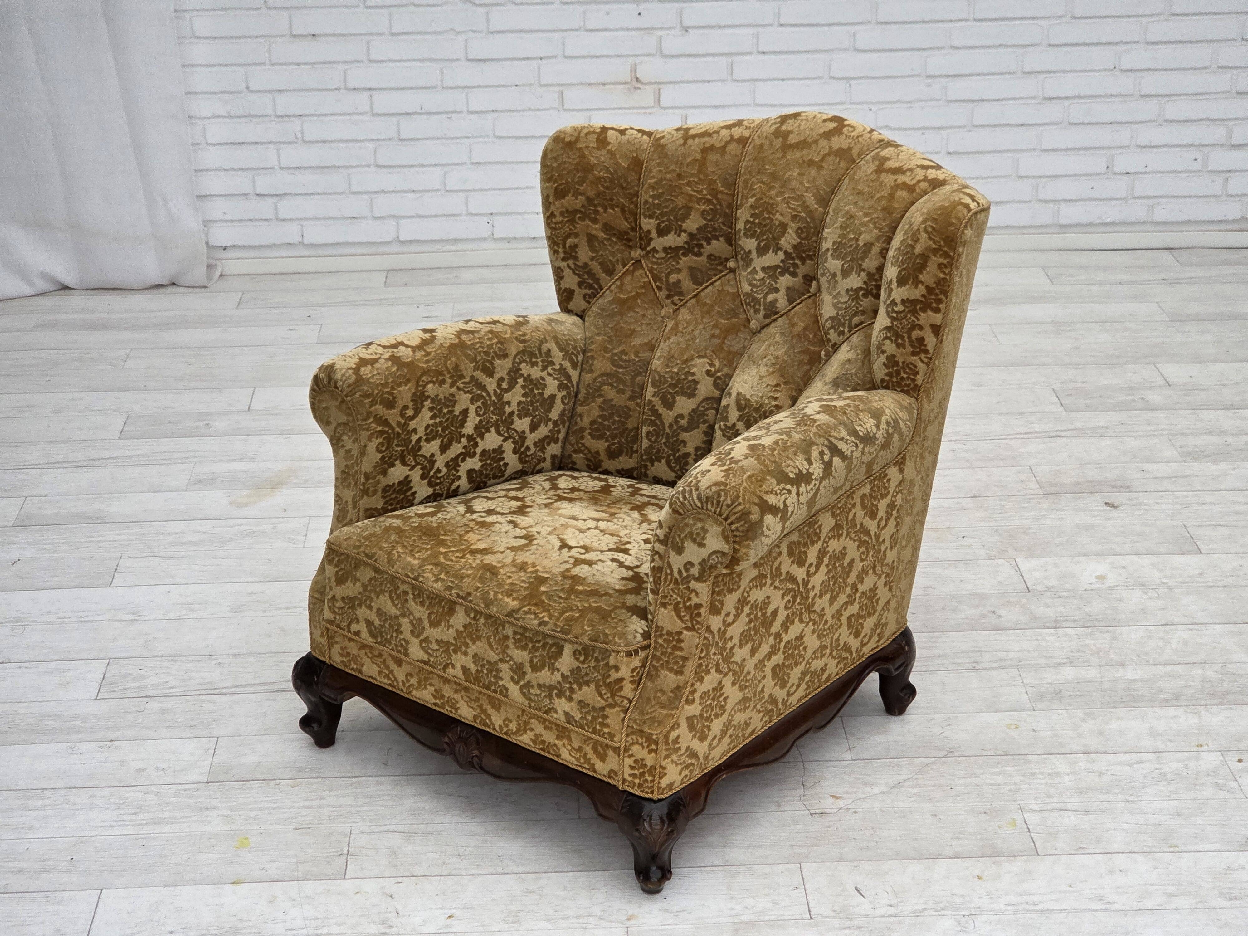 1950s, Danish relax armchair, furniture velour, carved oak wood.