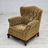 1950s, Danish relax armchair, furniture velour, carved oak wood.