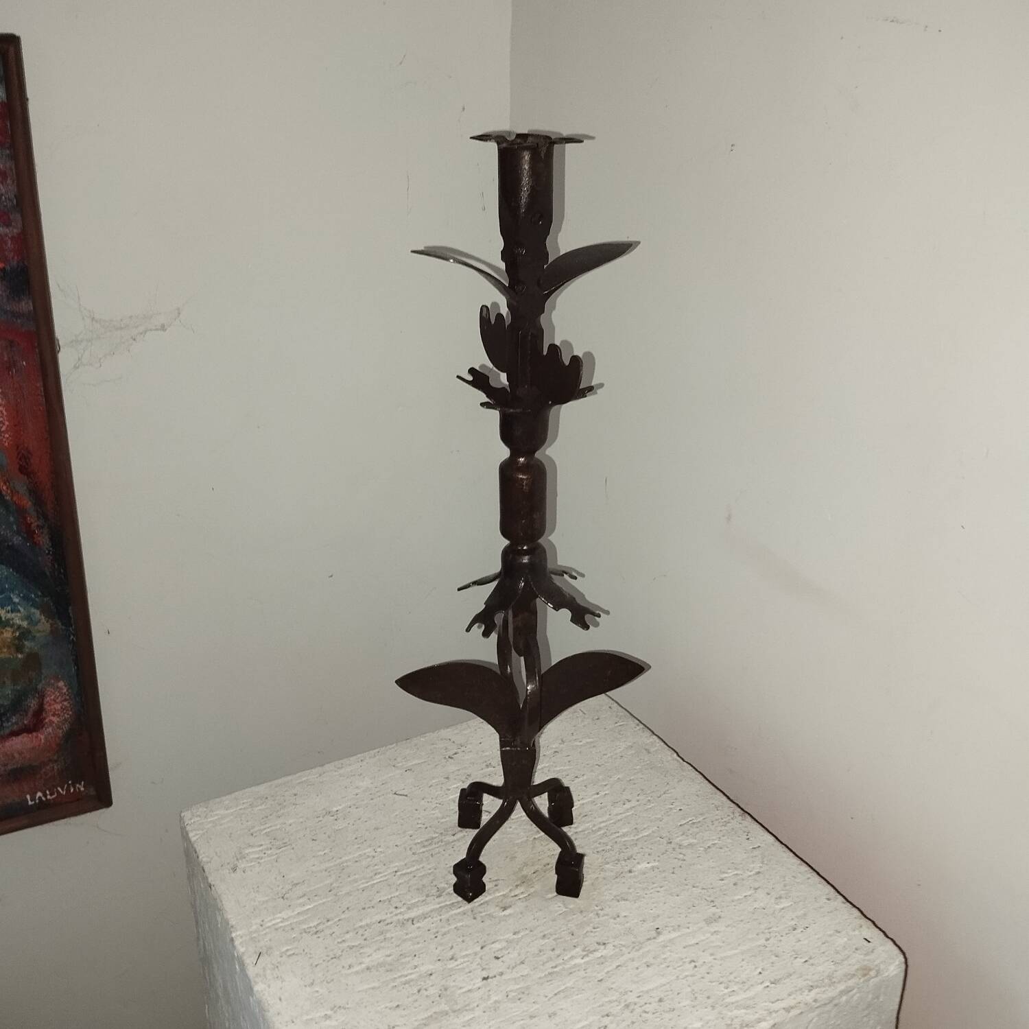 Candle holder blade base wrought iron brutalist folk art