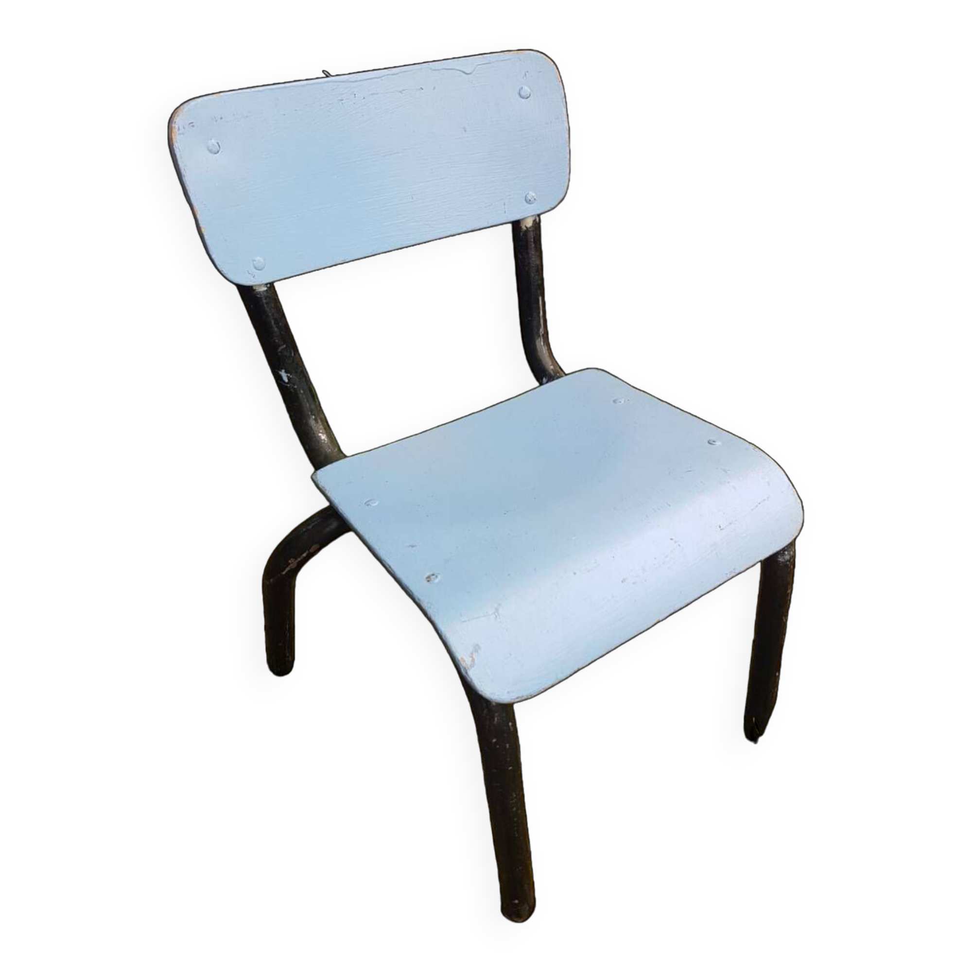 Mullca style children's chair black metal tube + vintage wood seat & back #a663