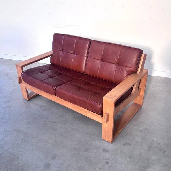 Leather 2 seat lounge sofa in "Bonanza" style, 1970s