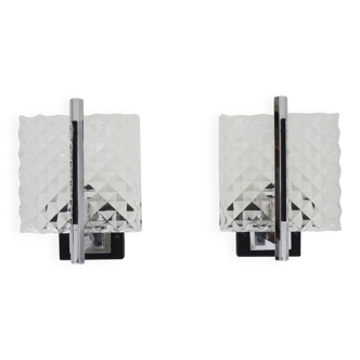Pair of modernist glass and chrome metal wall sconces. 1960s-70s
