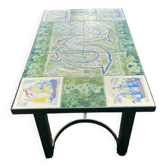 Wisques coffee table in wrought iron and ceramic sea motif Poseidon