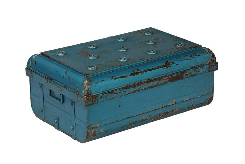 Indian travel trunk blue metal Victorian era