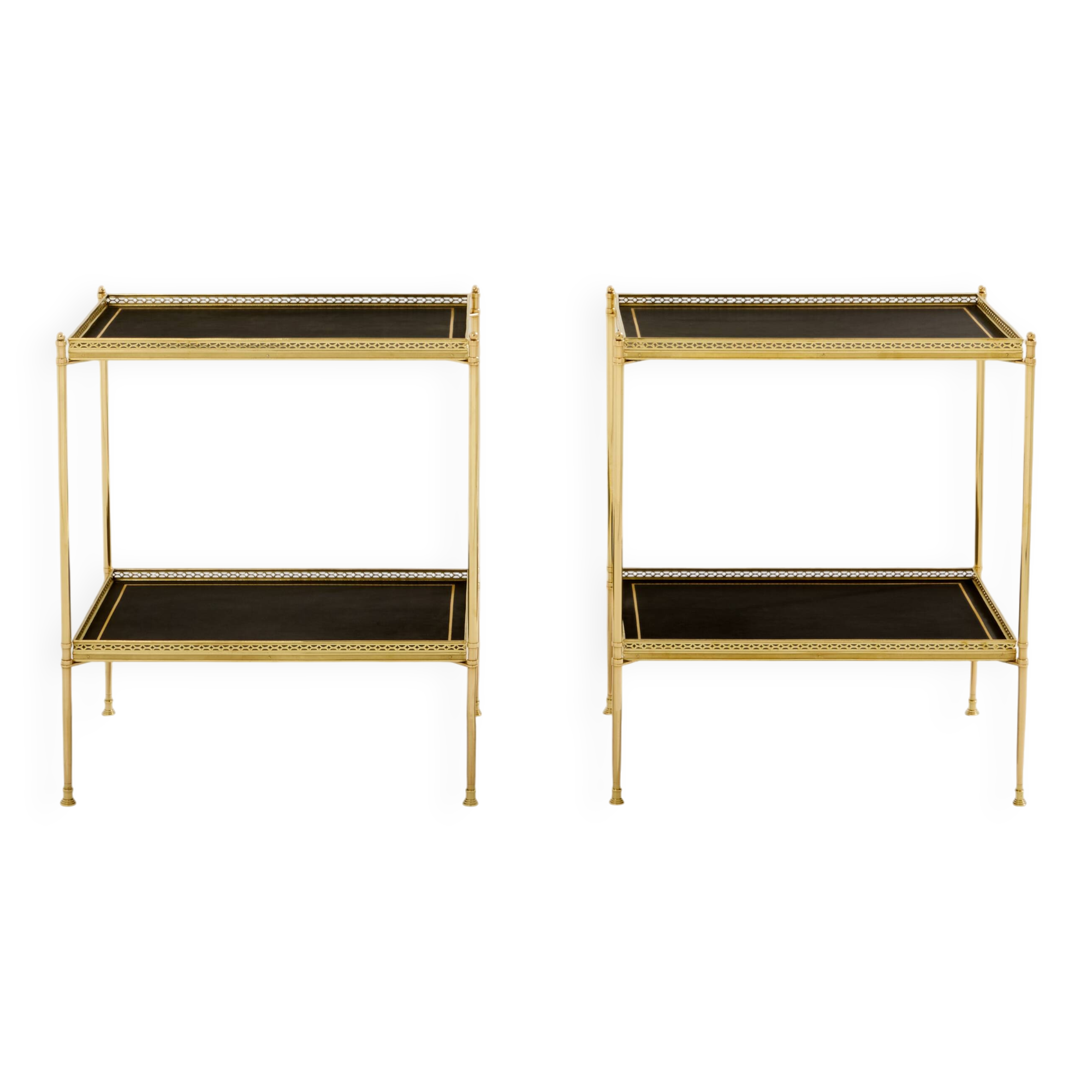 Pair of neoclassical side tables in brass and black leather by Maison Jansen, 1960.