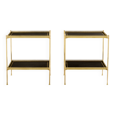 Paire de tables d’appoint néoclassiques laiton cuir noir Maison Jansen 1960