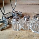 Set of 2 small salt pots and mustard pot in molded glass on their metal servant