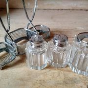 Set of 2 small salt pots and mustard pot in molded glass on their metal servant