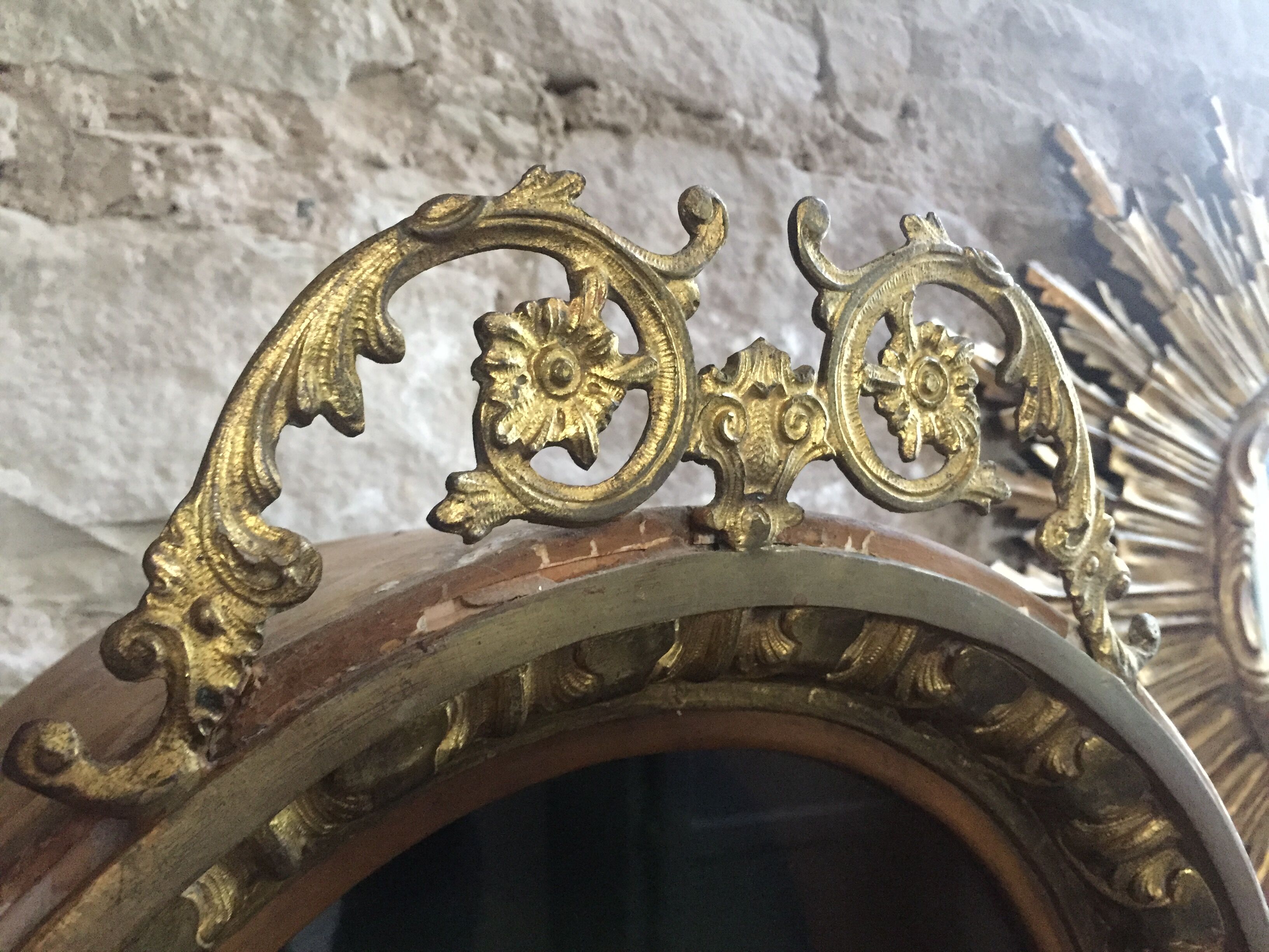 Old wood display and brass ornaments